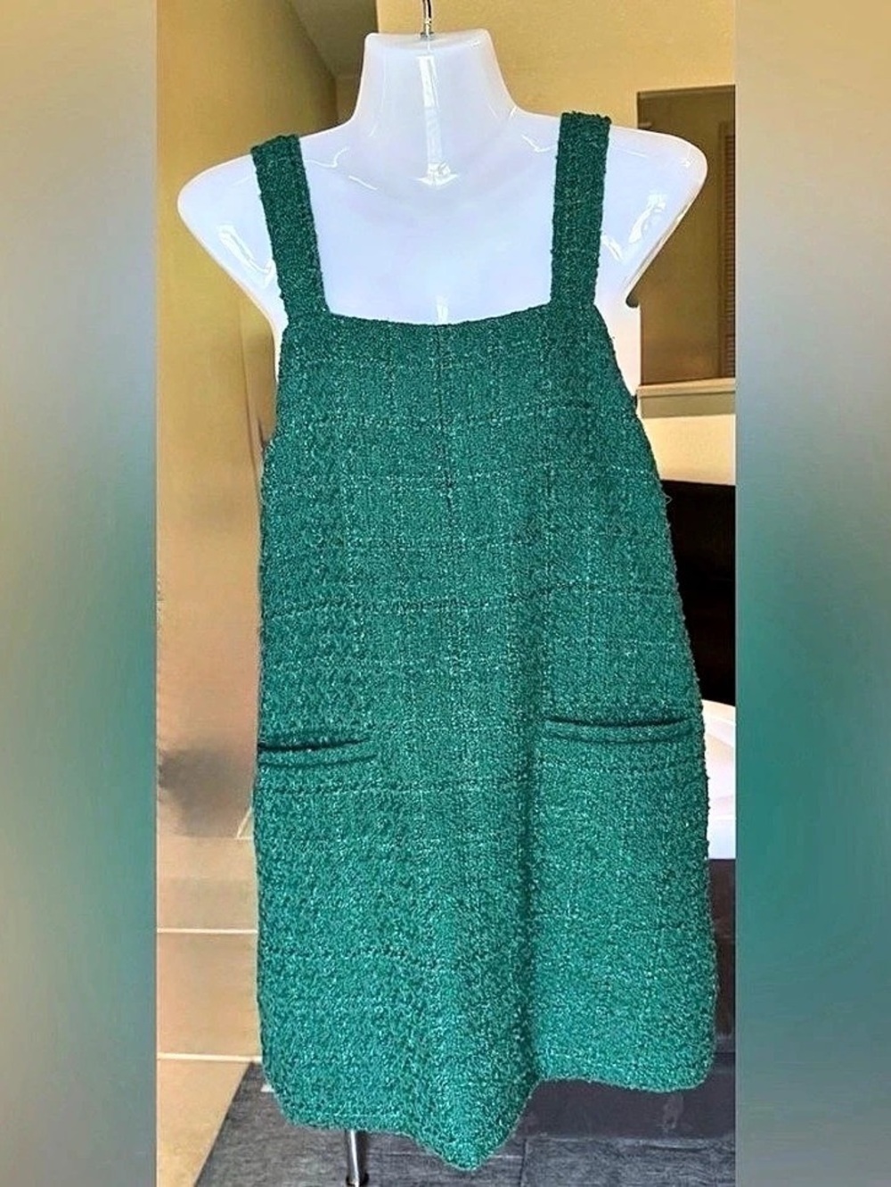 Abercrombie & Fitch Textured Green Tweed Pinafore Mini Dress Green Textured XSP